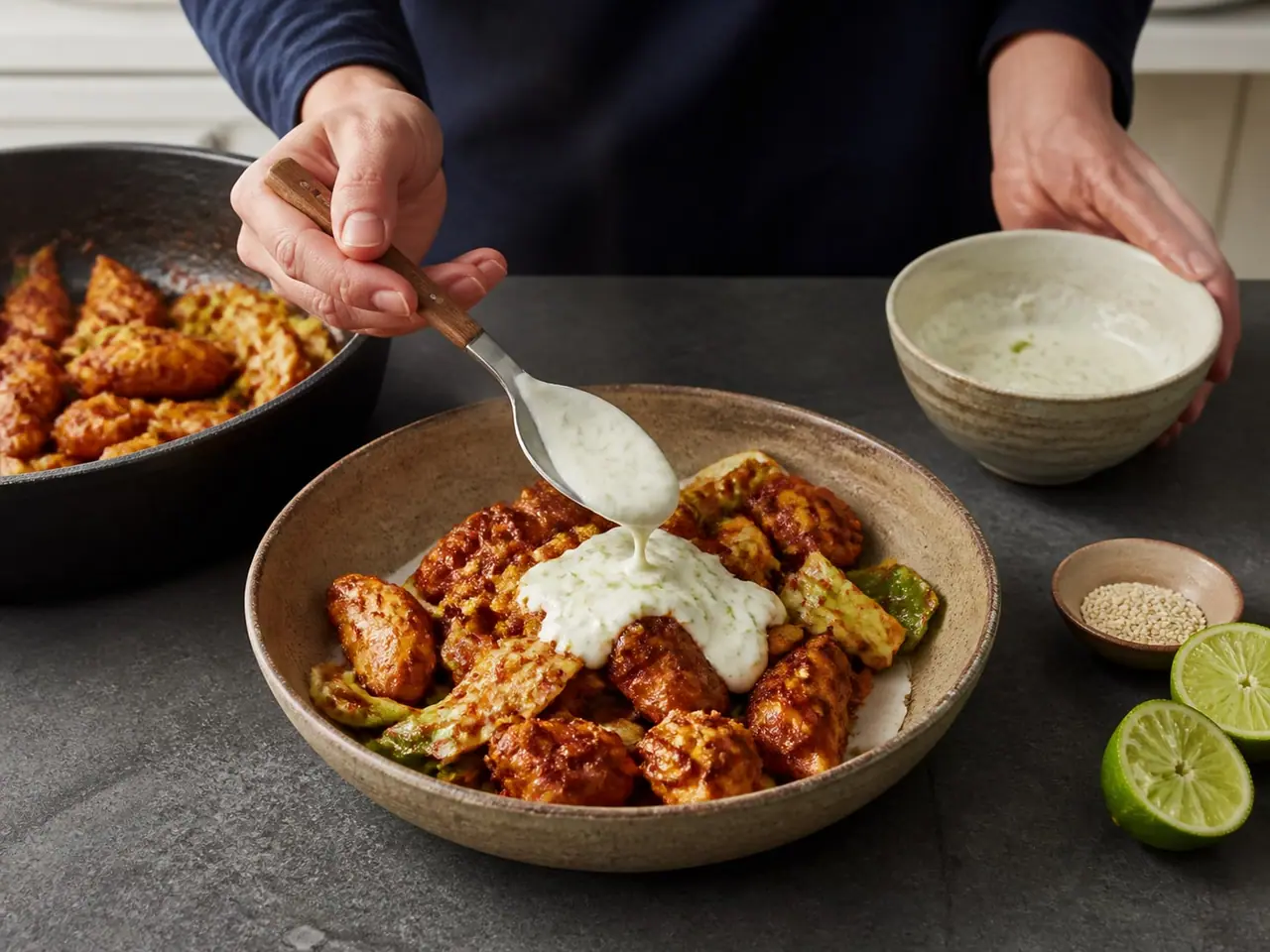 Hands stirring gochujang chicken and cabbage in a wide pan during cooking