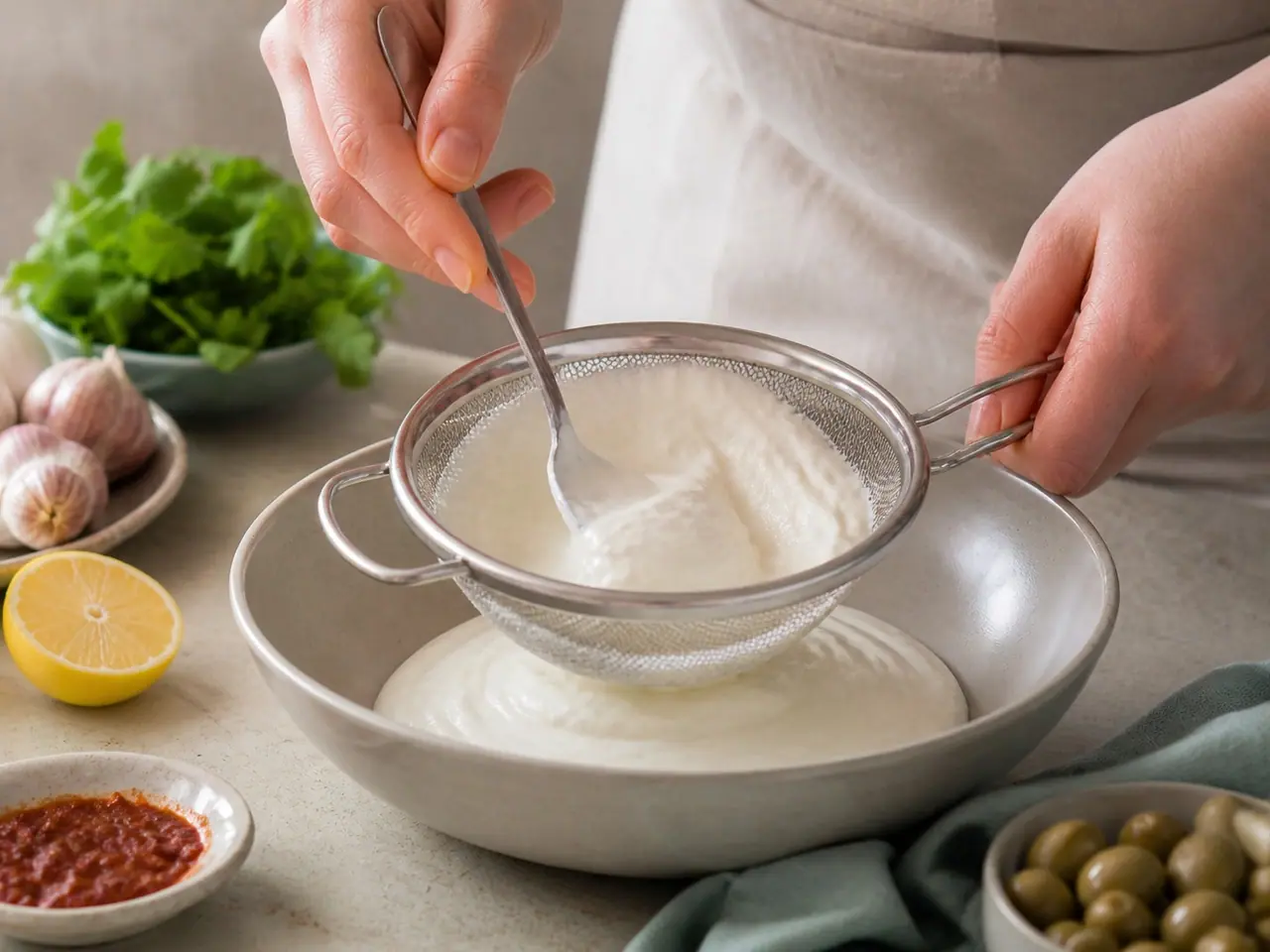 Greek yogurt draining through a fine sieve into a bowl