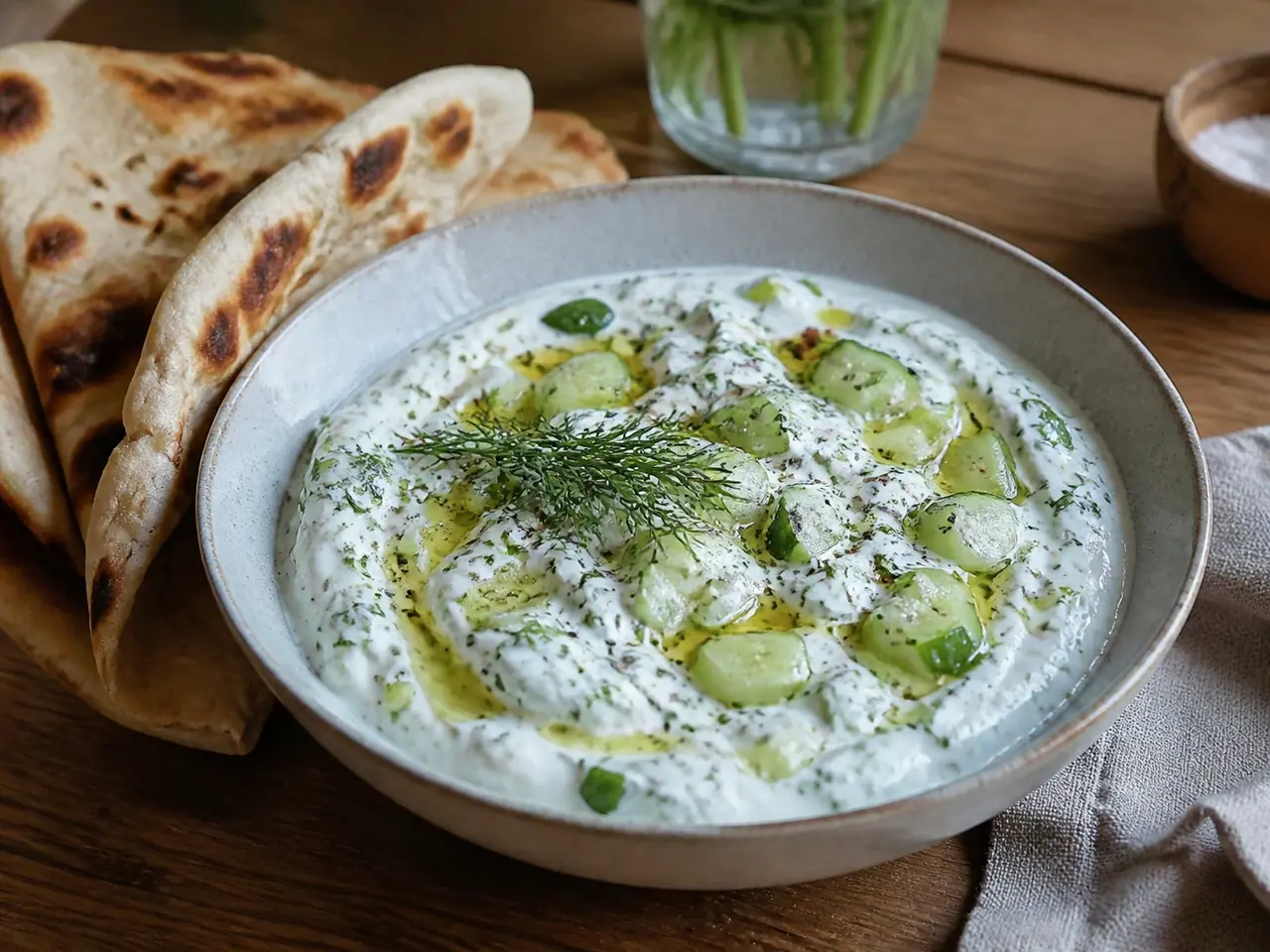 Greek yogurt with cucumber herbs oil and warm flatbread