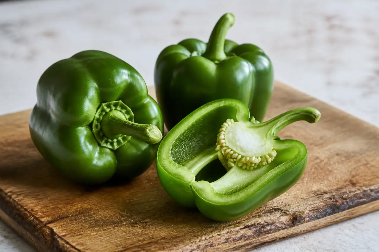 Green bell peppers with one halved to show the ribs and seeds