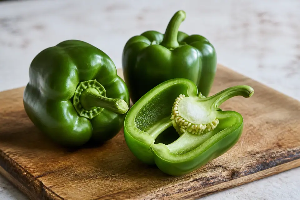 Green bell peppers with one halved to show the ribs and seeds