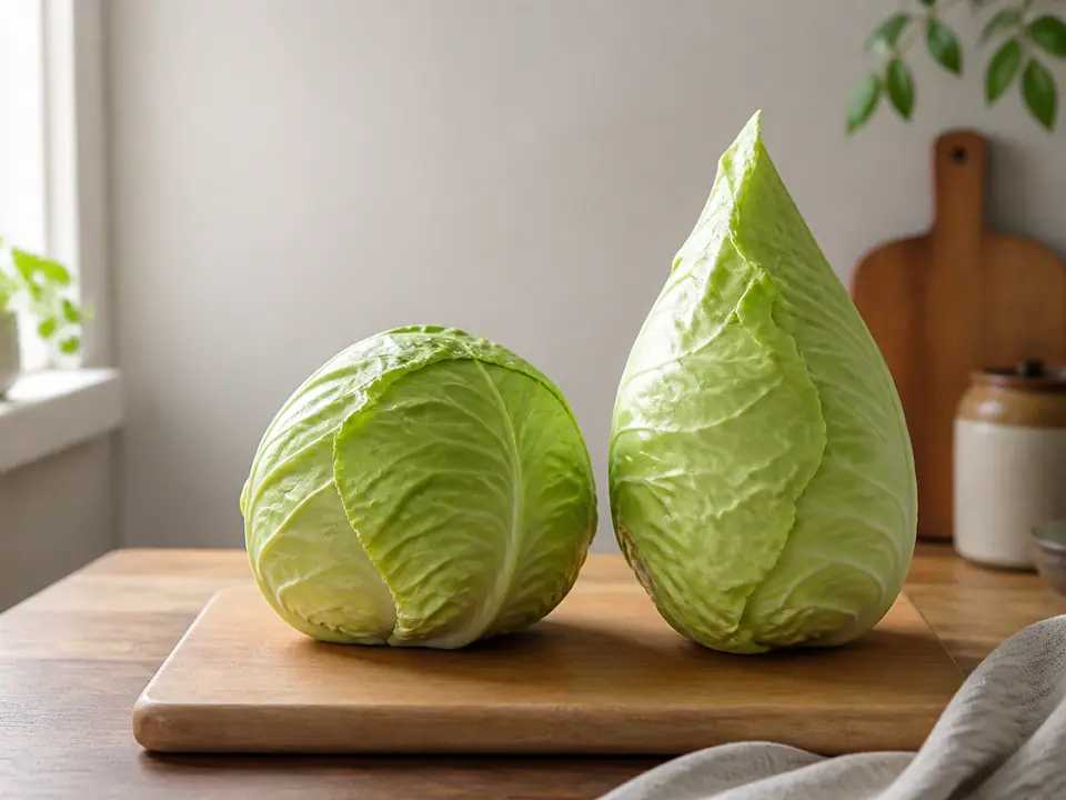 Green and pointed cabbage heads beside a wooden cutting board