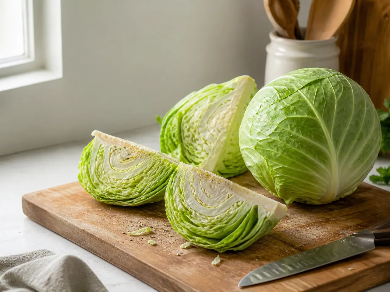 Wedges of green and pointed cabbage arranged for roasting