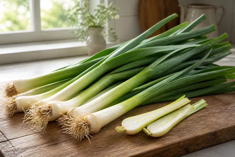Young green garlic stalks with pale bulbs and long fresh leaves