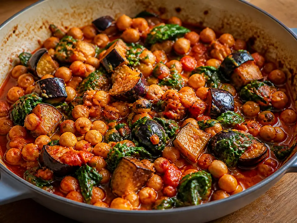 Harissa aubergine with chickpeas for a one-pan dinner served in a roasting tin