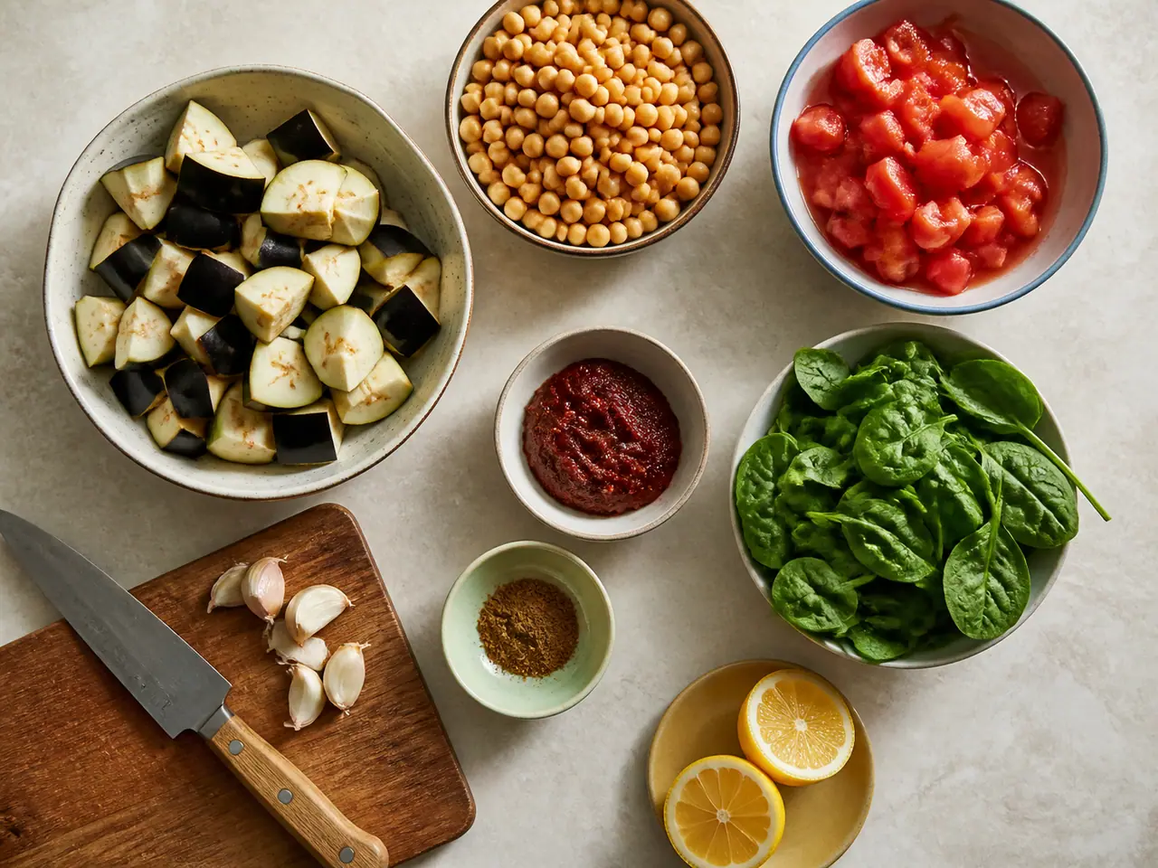 Aubergines chickpeas harissa and for a one pan dinner