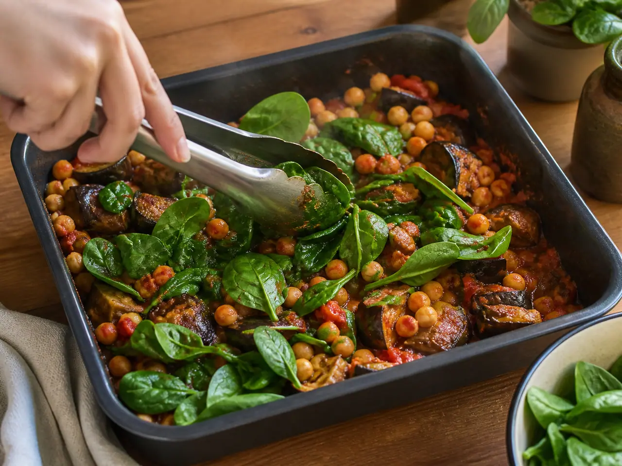 Hands stirring harissa aubergine with chickpeas for a one-pan dinner in a roasting tin