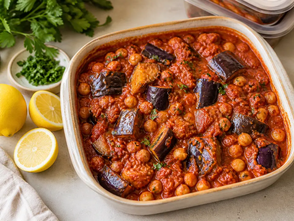 Harissa aubergine with chickpeas for the freezer served in a roasting tin