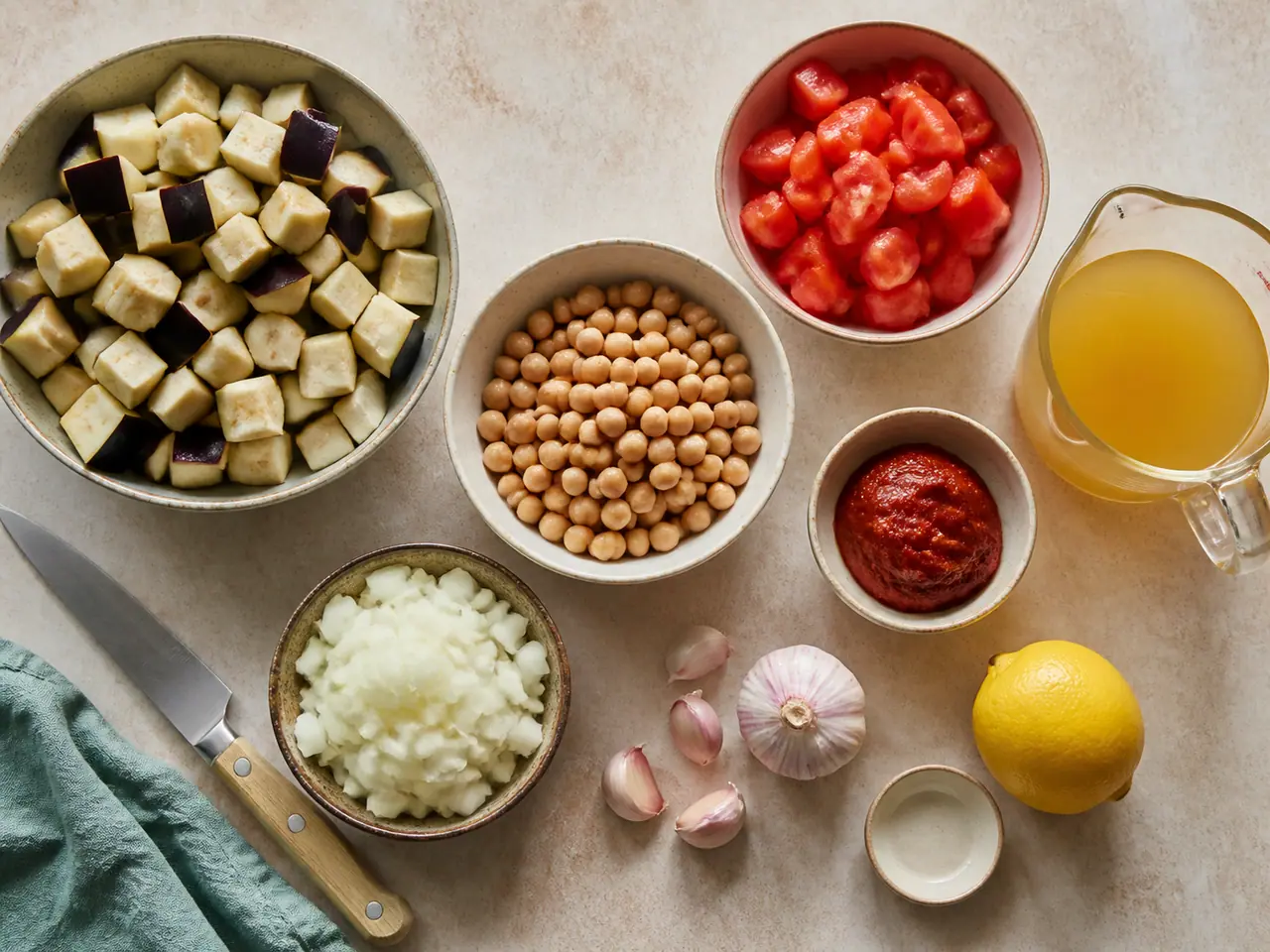 Aubergines chickpeas harissa and for the freezer