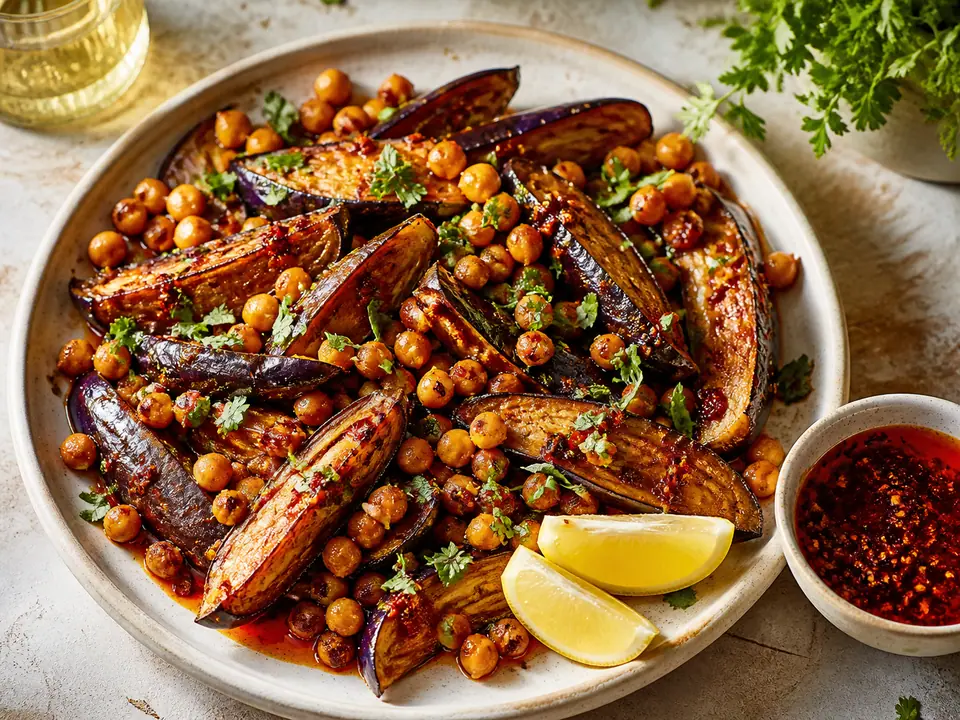 Harissa aubergine with chickpeas with chilli oil served in a roasting tin
