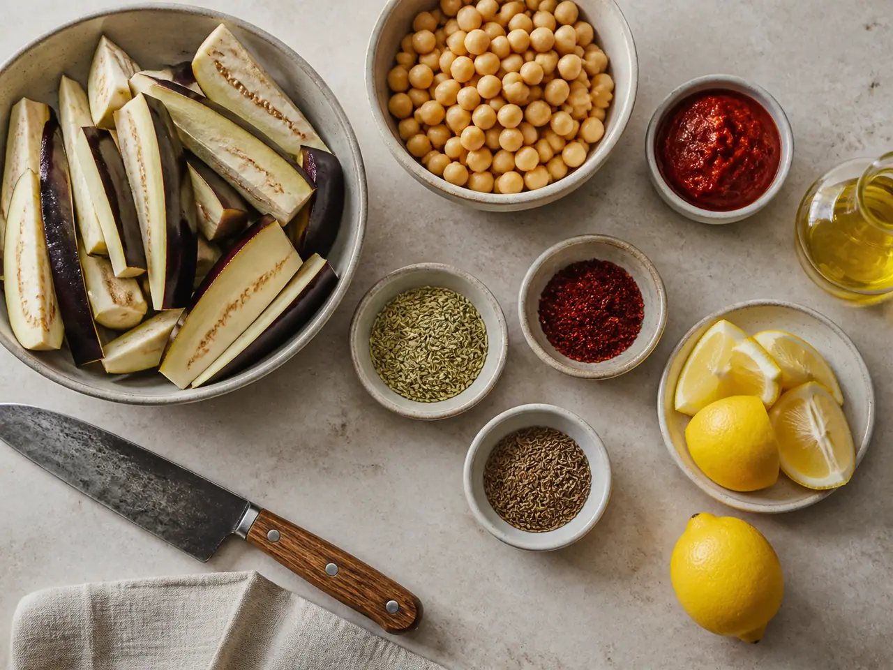 Aubergines chickpeas harissa and with chilli oil