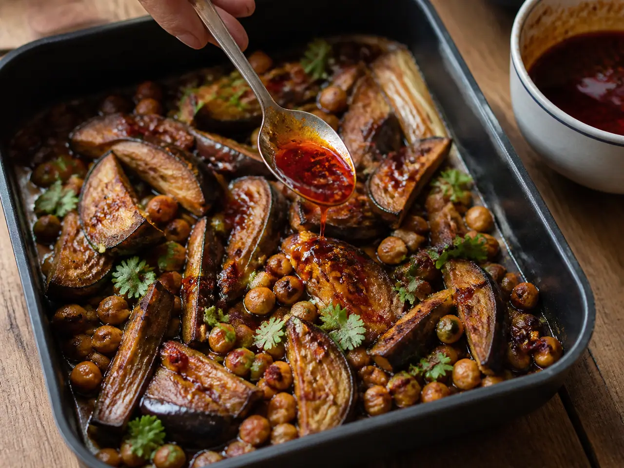 Hands stirring harissa aubergine with chickpeas with chilli oil in a roasting tin
