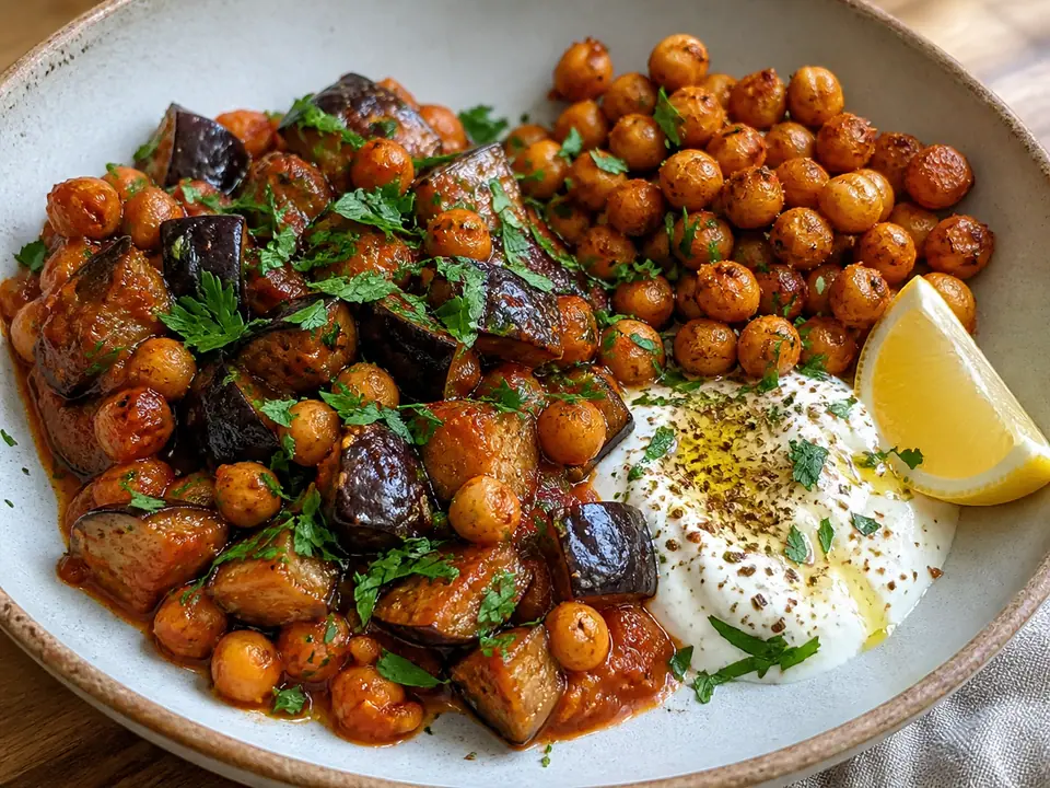 Harissa aubergine with chickpeas with crispy beans served in a roasting tin
