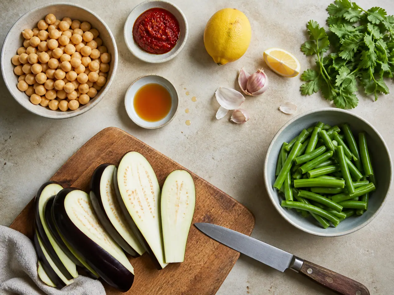 Aubergines chickpeas harissa and with crispy beans