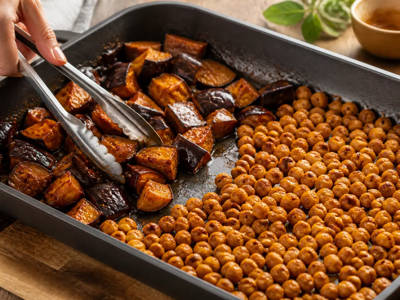 Hands stirring harissa aubergine with chickpeas with crispy beans in a roasting tin