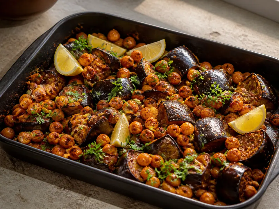 Harissa aubergine with chickpeas with lemon and herbs served in a roasting tin