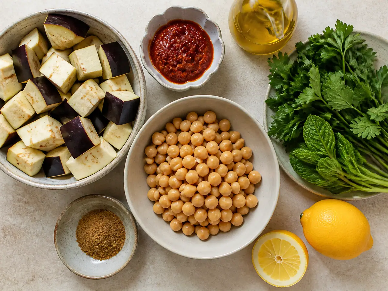 Aubergines chickpeas harissa and with lemon and herbs