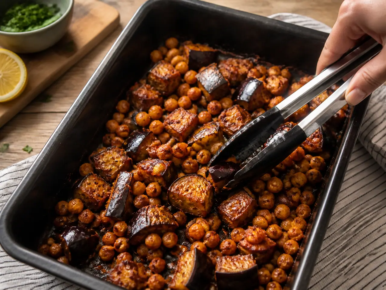 Hands stirring harissa aubergine with chickpeas with lemon and herbs in a roasting tin