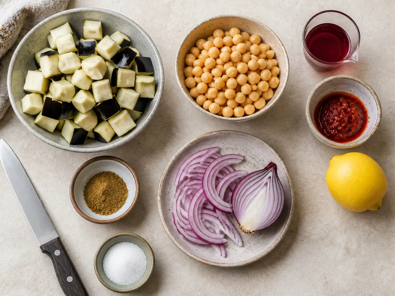 Aubergines chickpeas harissa and with pickled onions