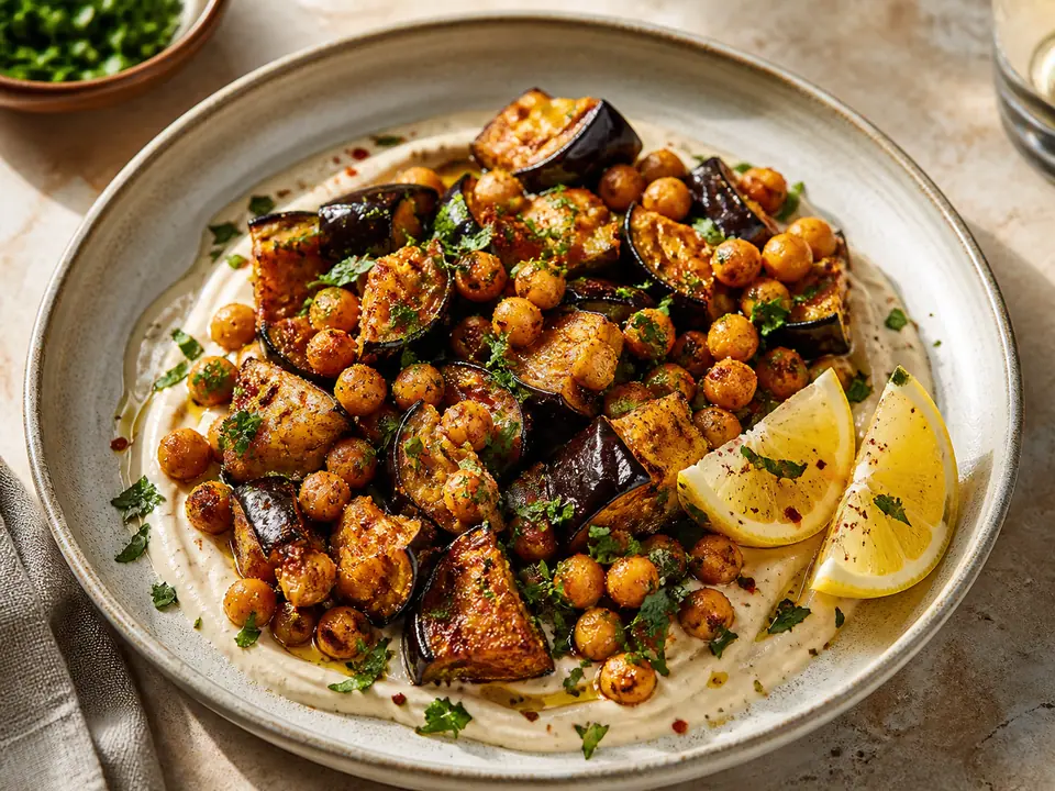 Harissa aubergine with chickpeas with tahini dressing served in a roasting tin