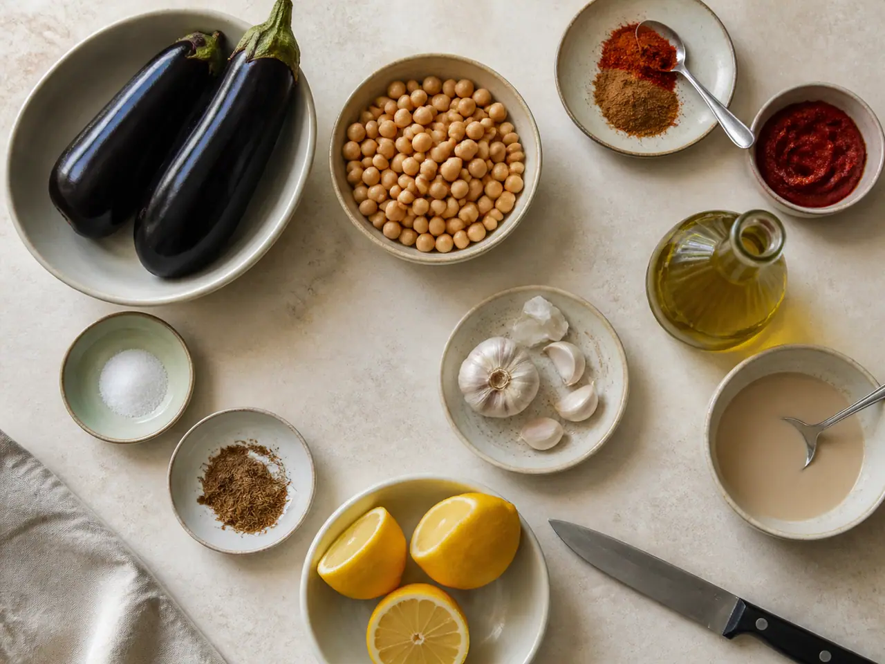 Aubergines chickpeas harissa and with tahini dressing