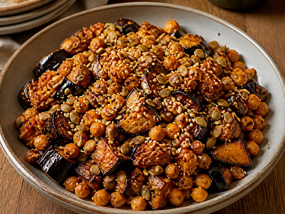 Harissa aubergine with chickpeas with toasted seeds served in a roasting tin