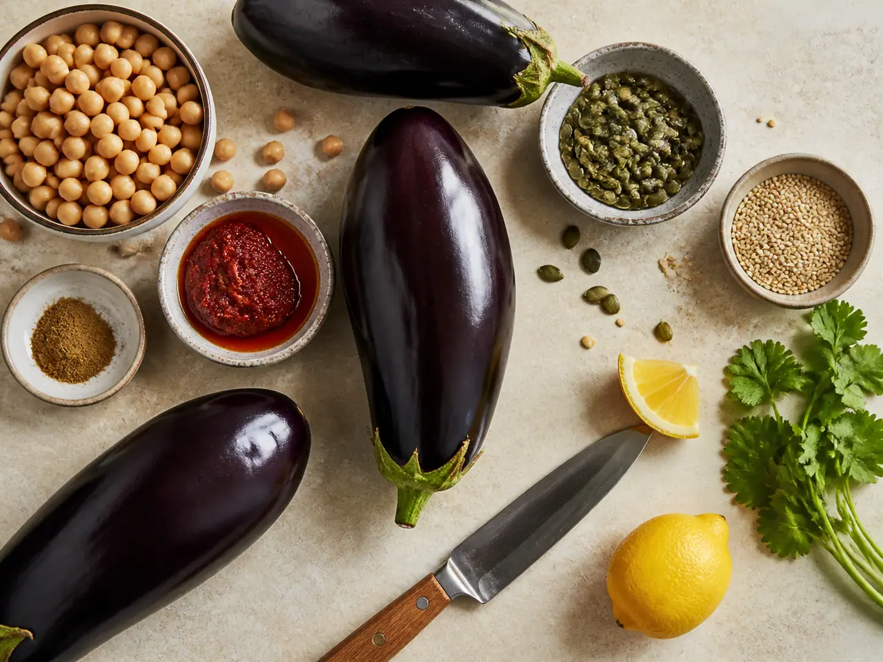 Aubergines chickpeas harissa and with toasted seeds
