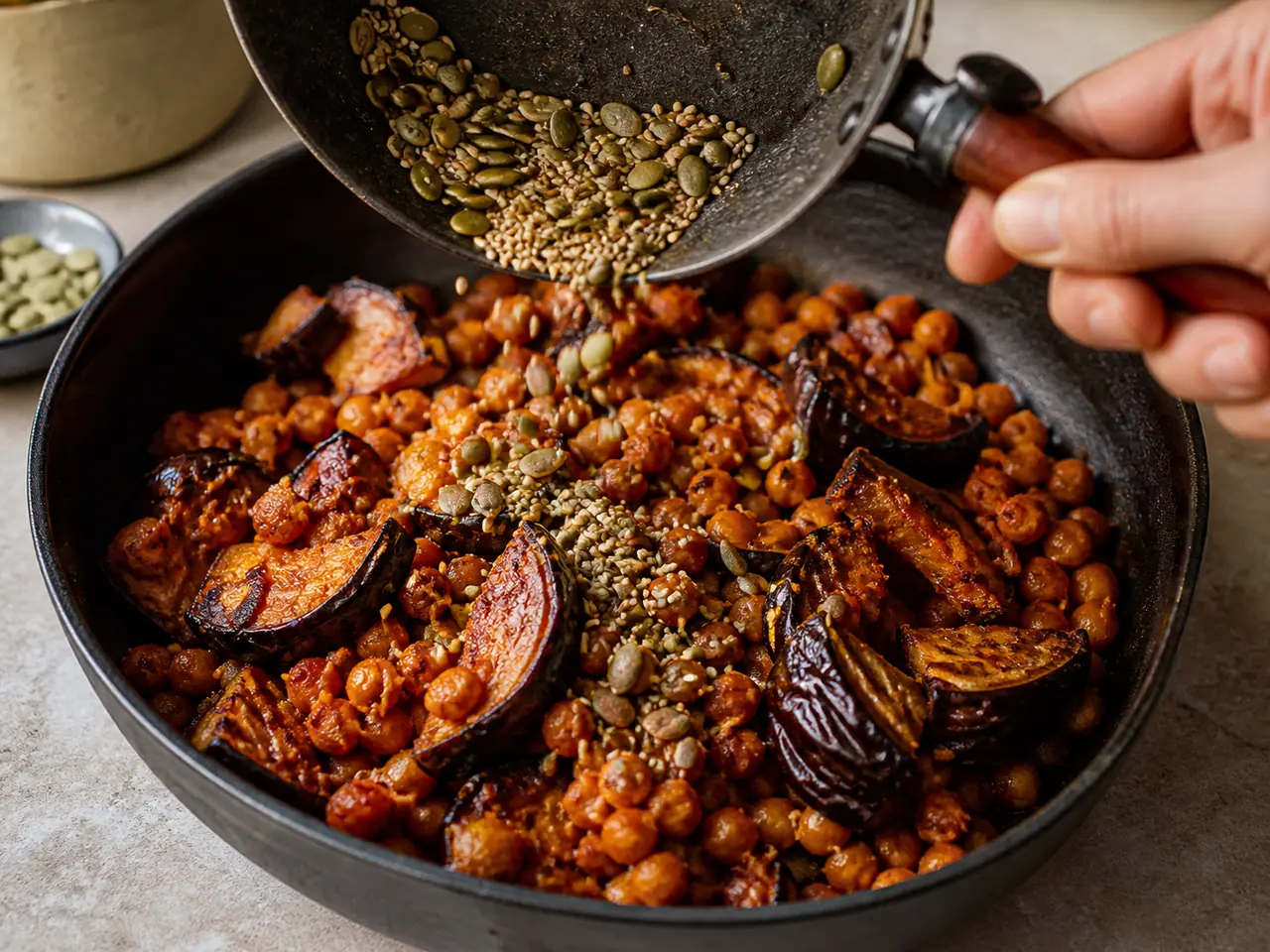 Hands stirring harissa aubergine with chickpeas with toasted seeds in a roasting tin