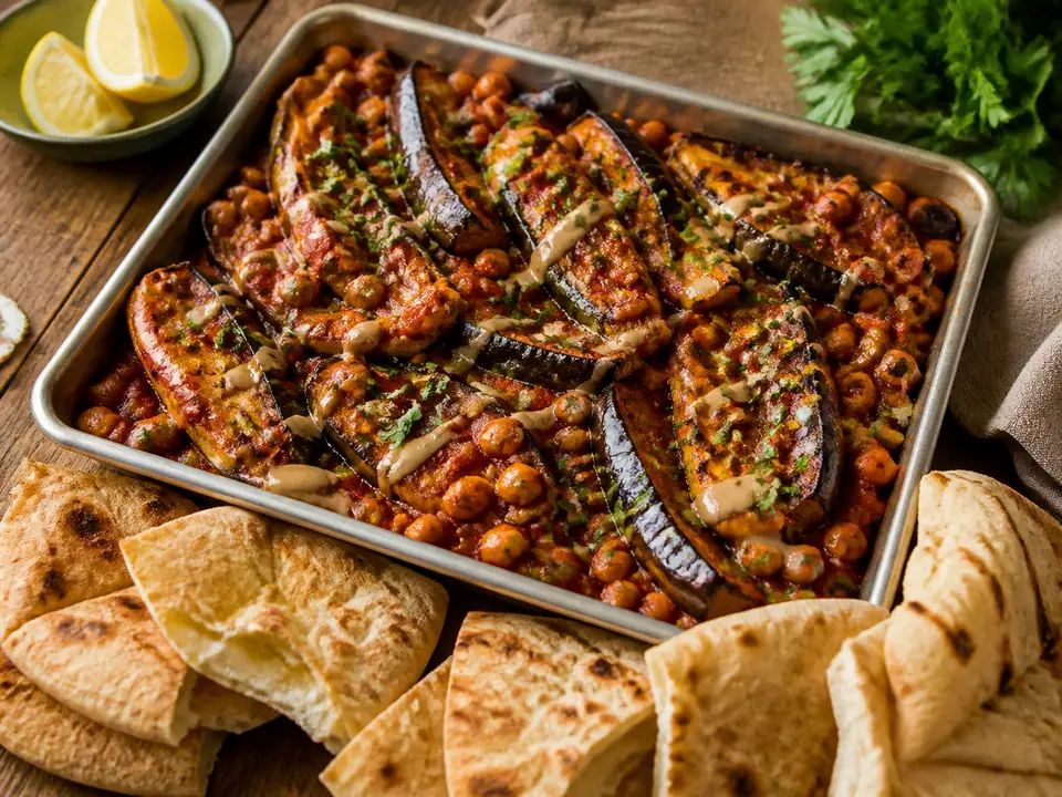 Harissa aubergine with chickpeas with warm flatbread served in a roasting tin