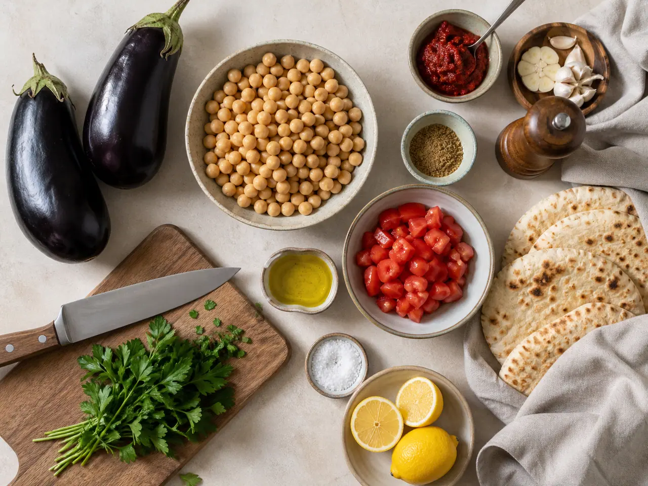 Aubergines chickpeas harissa and with warm flatbread