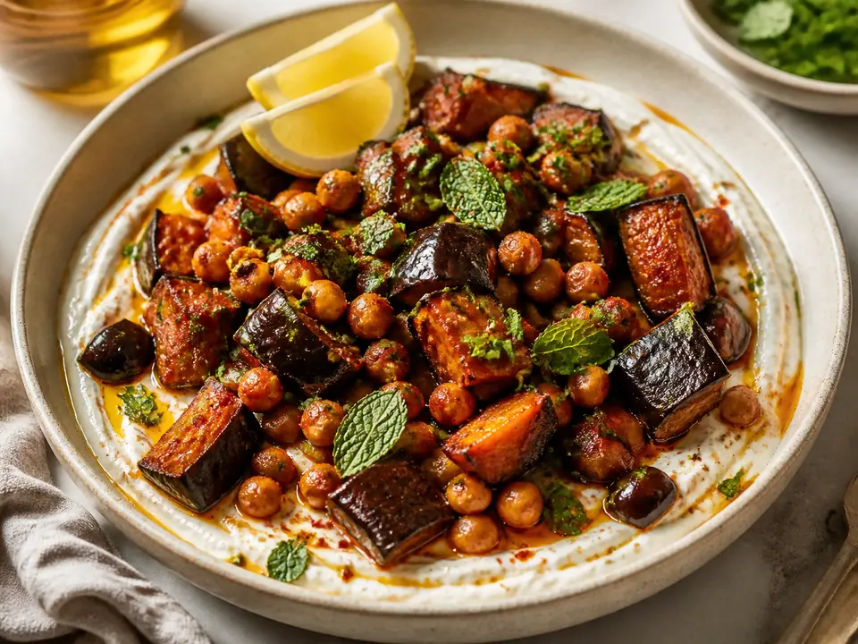 Harissa aubergine with chickpeas with yogurt served in a roasting tin