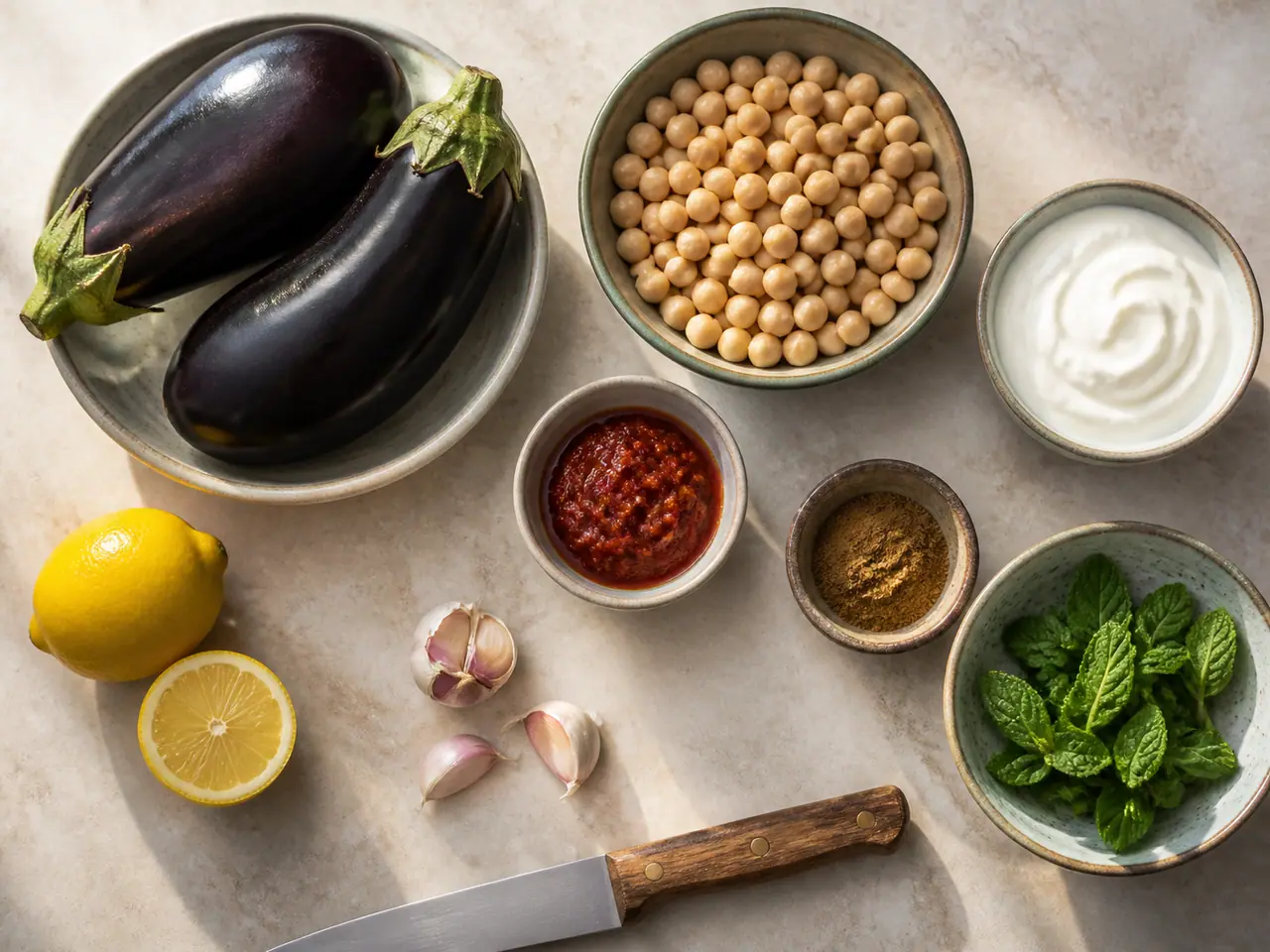 Aubergines chickpeas harissa and with yogurt