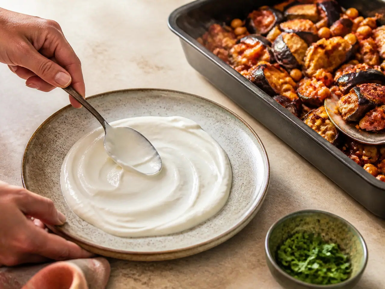 Hands stirring harissa aubergine with chickpeas with yogurt in a roasting tin