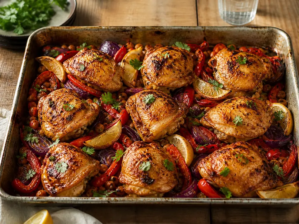 Golden harissa chicken thighs over crisp chickpeas peppers and red onion