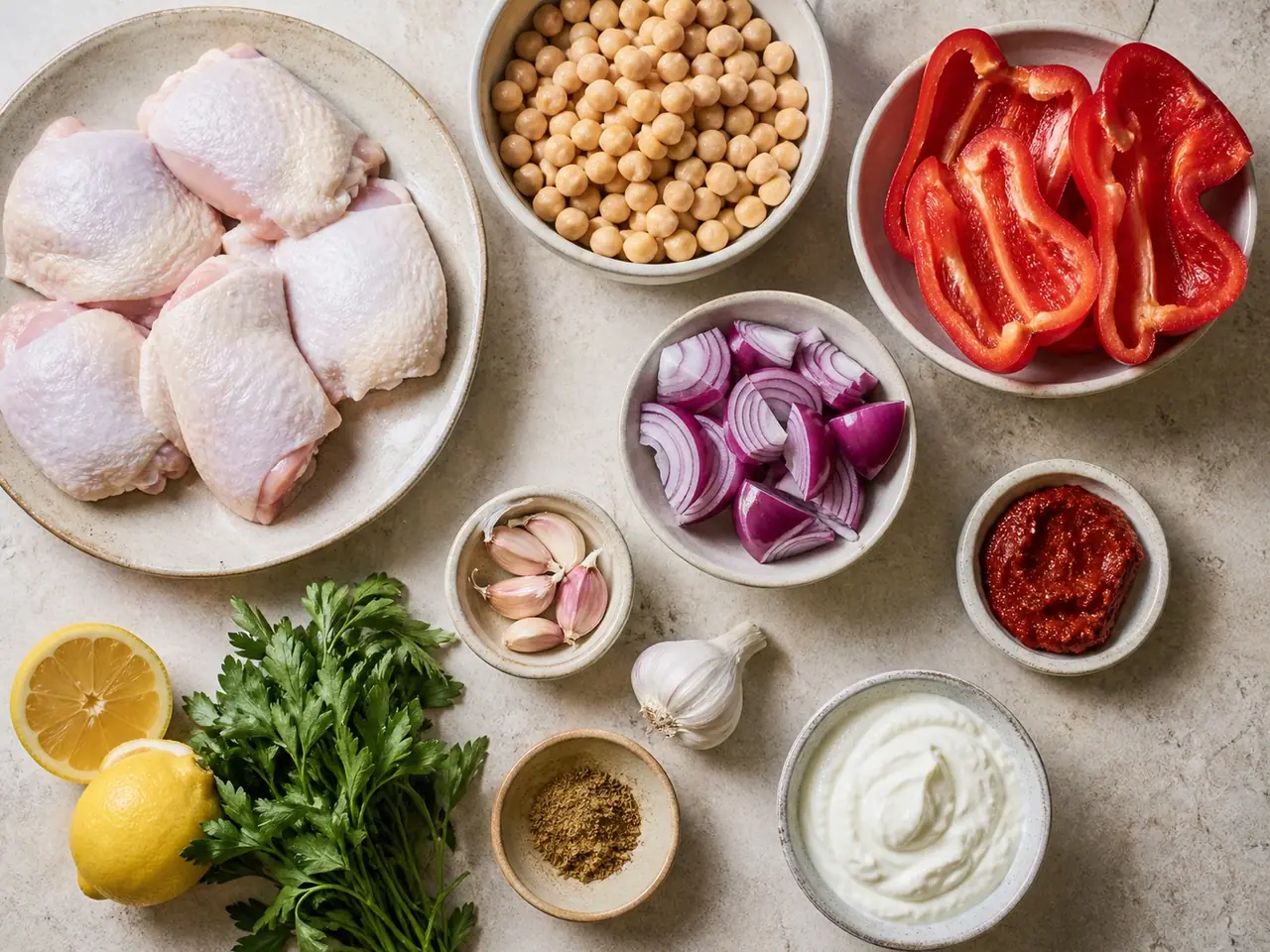 Eight chicken thighs, red peppers, red onion, garlic, lemon, chickpeas, harissa and spices laid out