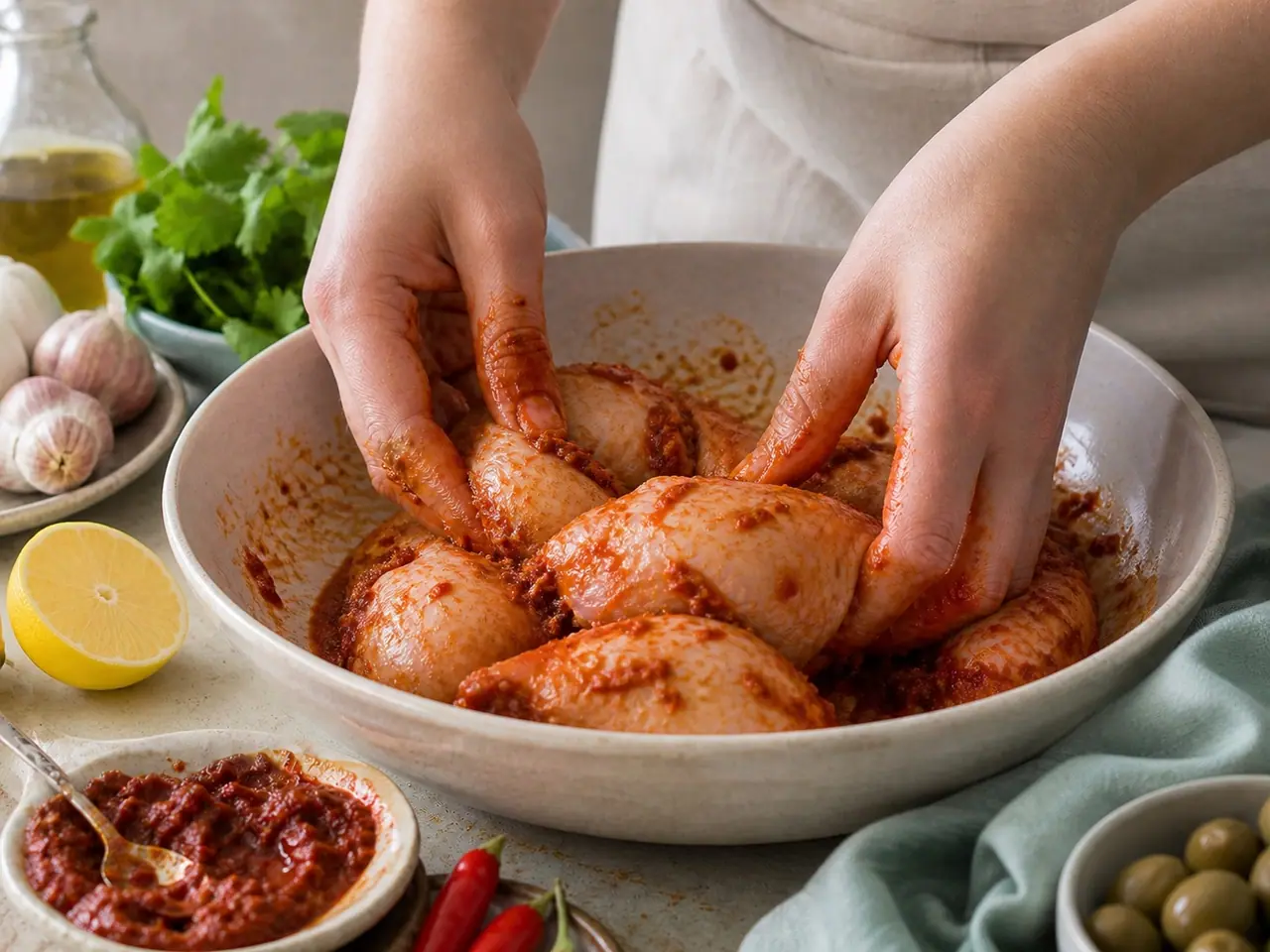 Hands turning raw chicken thighs through harissa paste in a wide bowl
