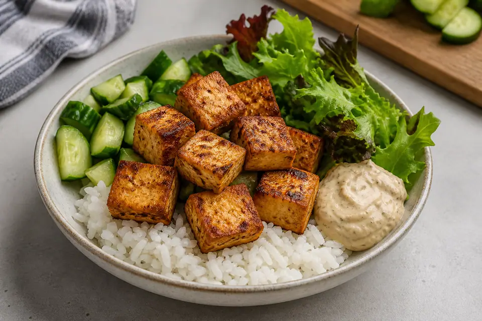 Filling tofu bowl with rice cucumber greens and crisp toppings