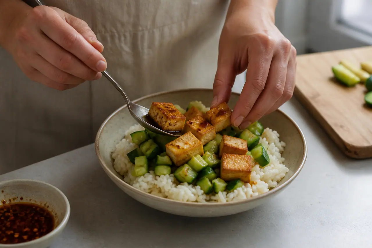 Hands arranging crisp tofu rice cucumber greens and seeds in a bowl