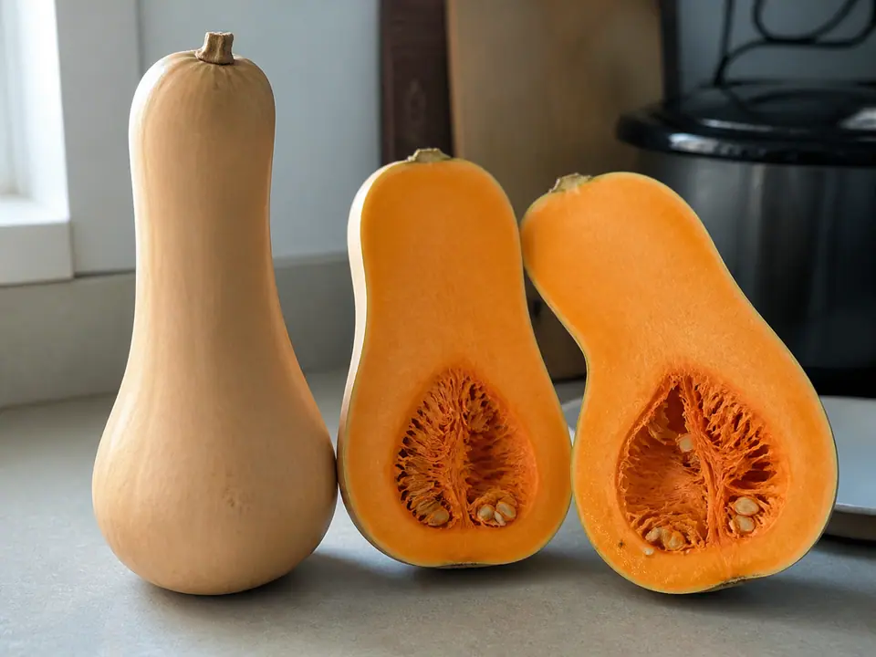 Dense butternut squash beside one with a large seed cavity