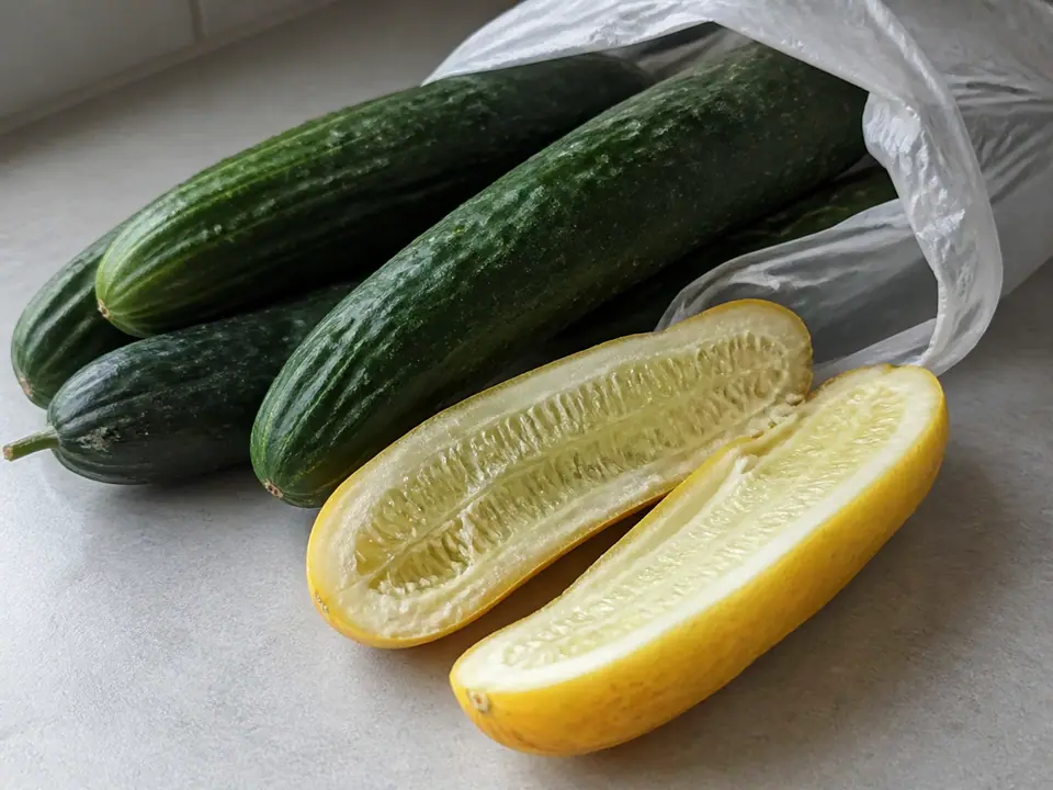 Firm dark green cucumbers beside a soft yellowing cucumber