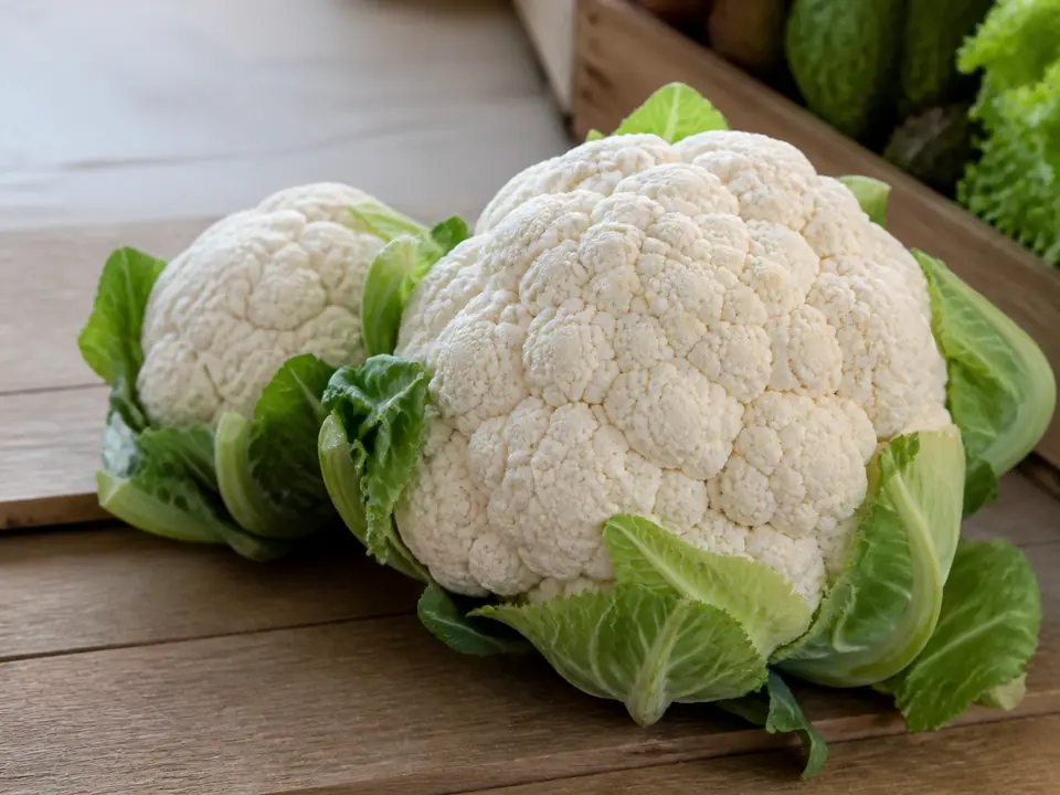 Dense white cauliflower with fresh green leaves on a market counter