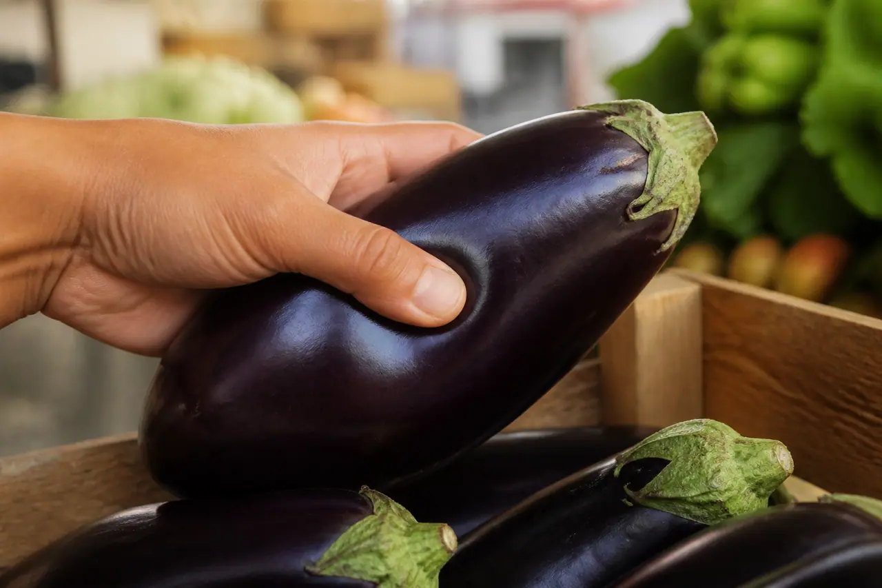 Hand pressing a firm aubergine beside its fresh green cap