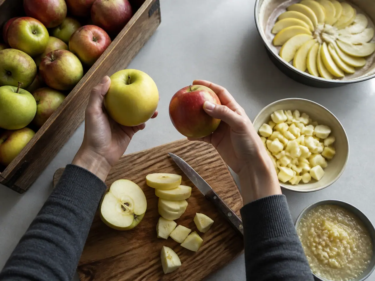 Hands comparing apple firmness and cutting one for three uses