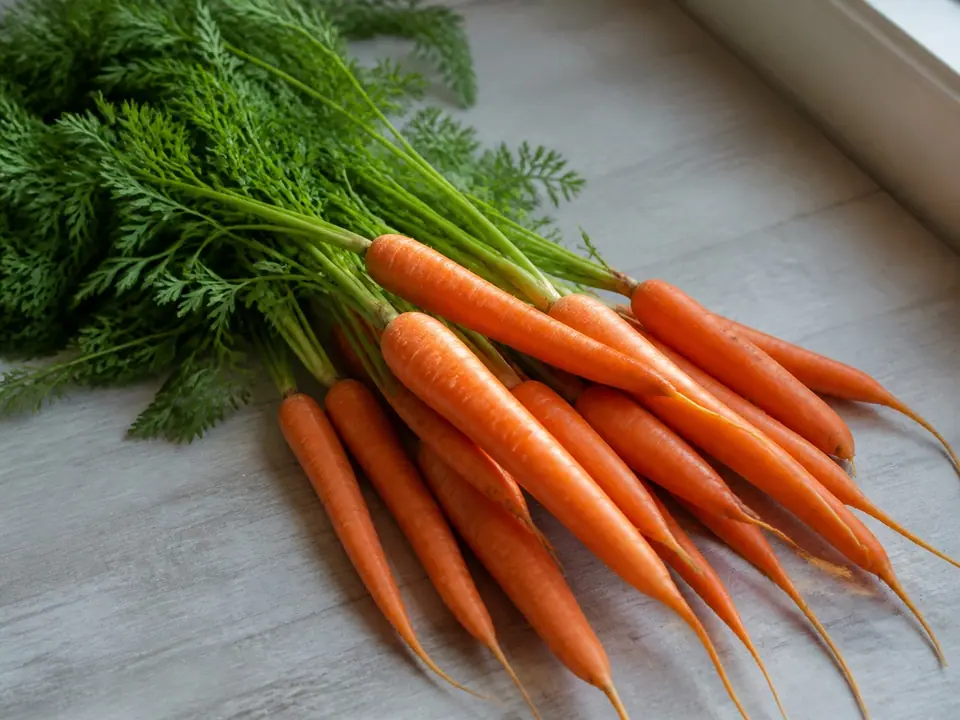 Fresh crisp carrots with green tops on a kitchen counter