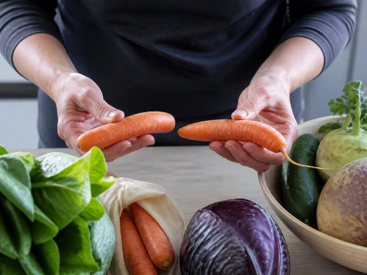 Hands bending two carrots to compare their firmness