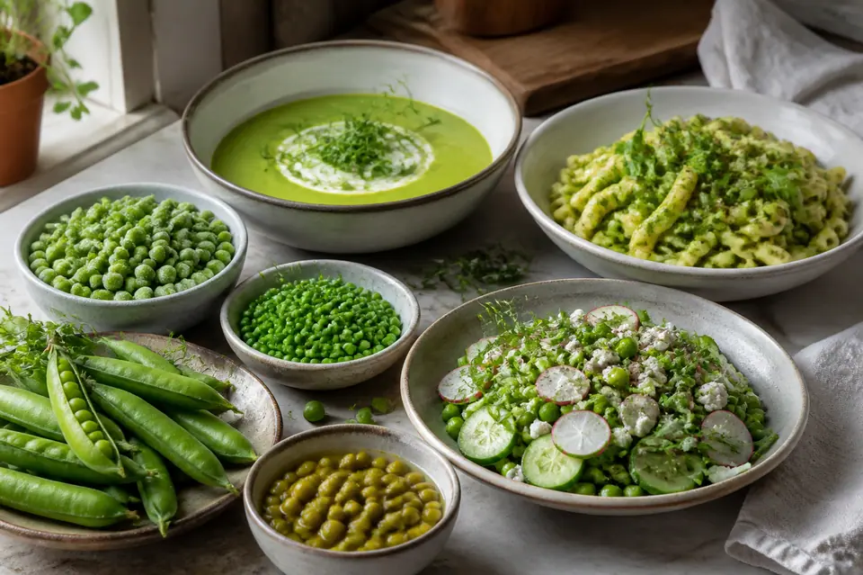 Fresh and frozen peas arranged beside soup salad and pasta