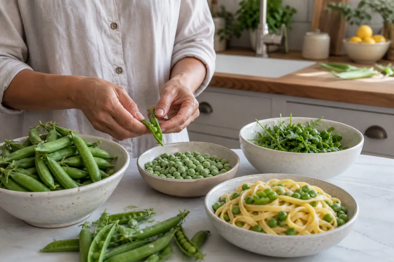 Hands sorting fresh pods and frozen peas for different dishes