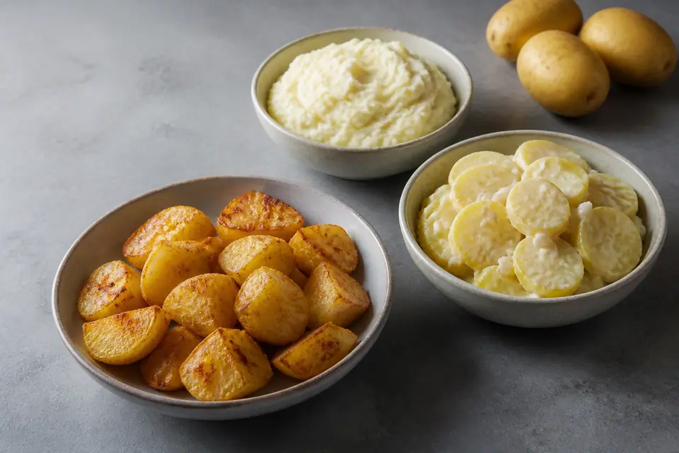 Three potato types beside a roasting tray, bowl of mash and potato salad