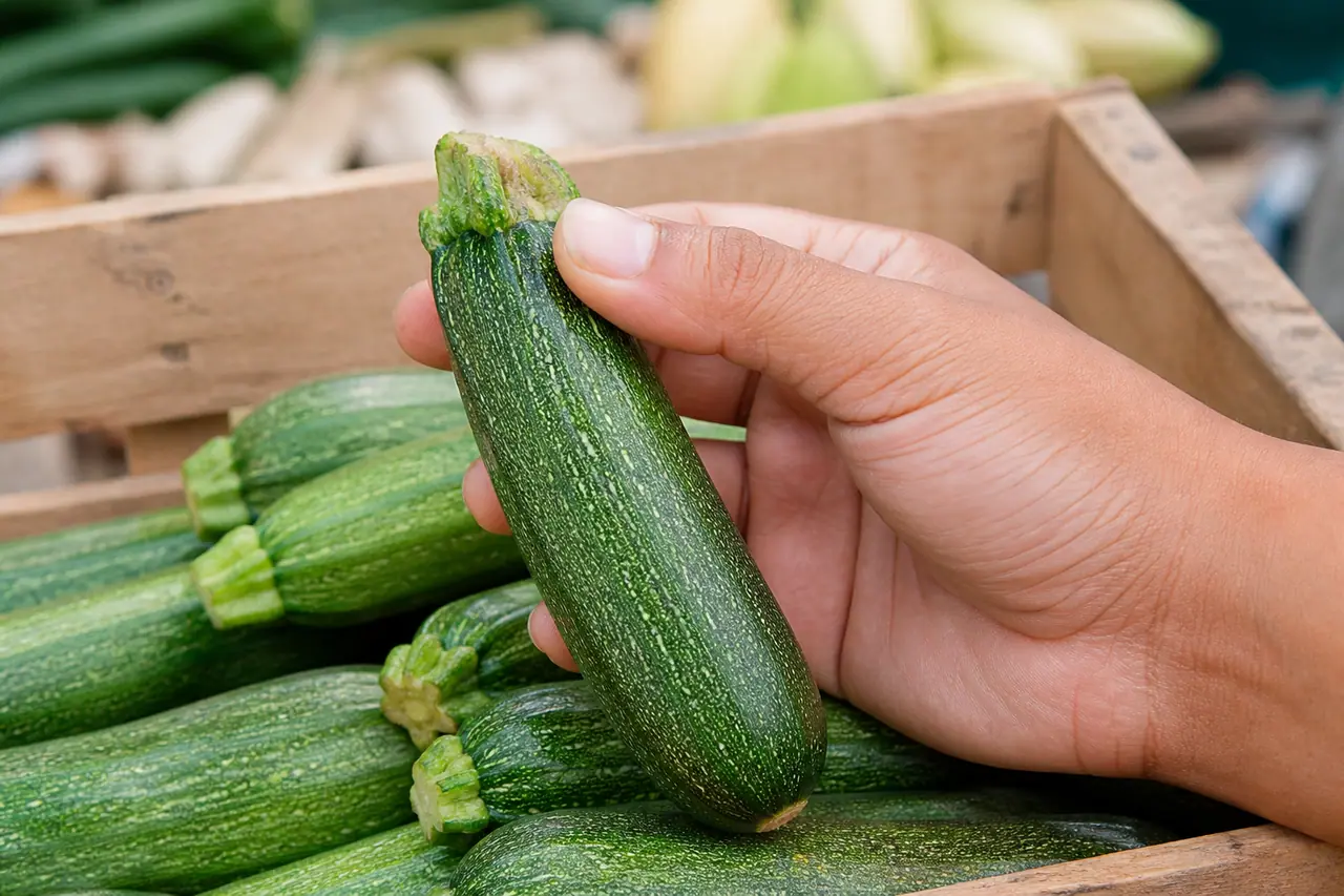 Hand checking the fresh stem of a small courgette