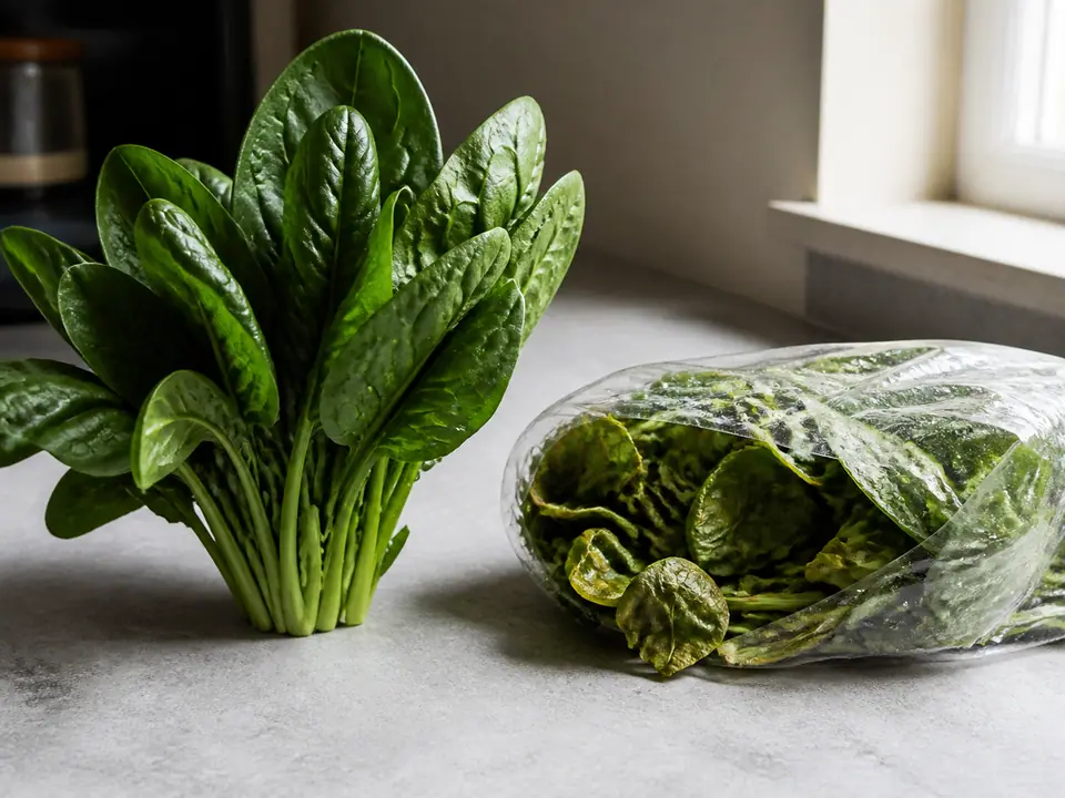 Fresh upright spinach beside a yellowing tired bag